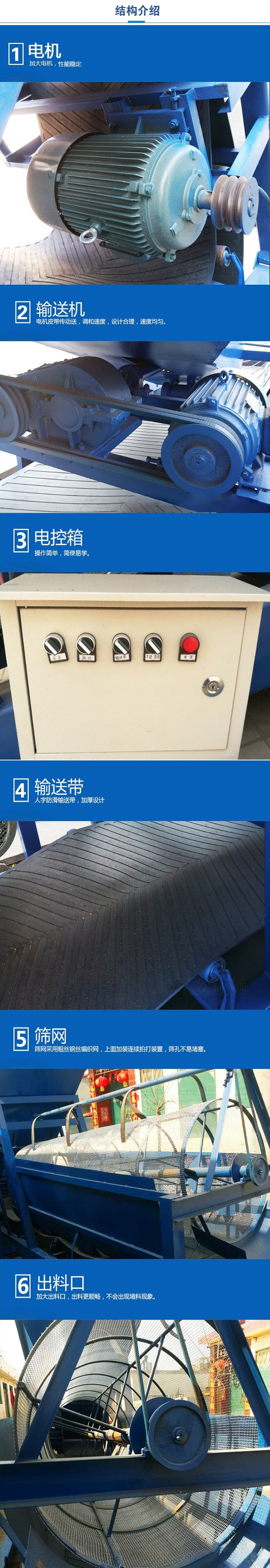 移動篩沙機結(jié)構(gòu):電機，加大電機，性能相對比較穩(wěn)定。輸送機：電機皮帶傳動送，調(diào)和速度，設(shè)計合理，速度均勻。電控箱：操作簡單，簡便易學(xué)。輸送帶：人字防滑輸送帶，加厚設(shè)計。篩網(wǎng)，采用粗絲鋼絲編織而成的篩網(wǎng)，上面加裝連續(xù)拍打裝置，篩孔不易堵塞。出料口：加大出料口，出料更順暢，不會出現(xiàn)堵料現(xiàn)象。